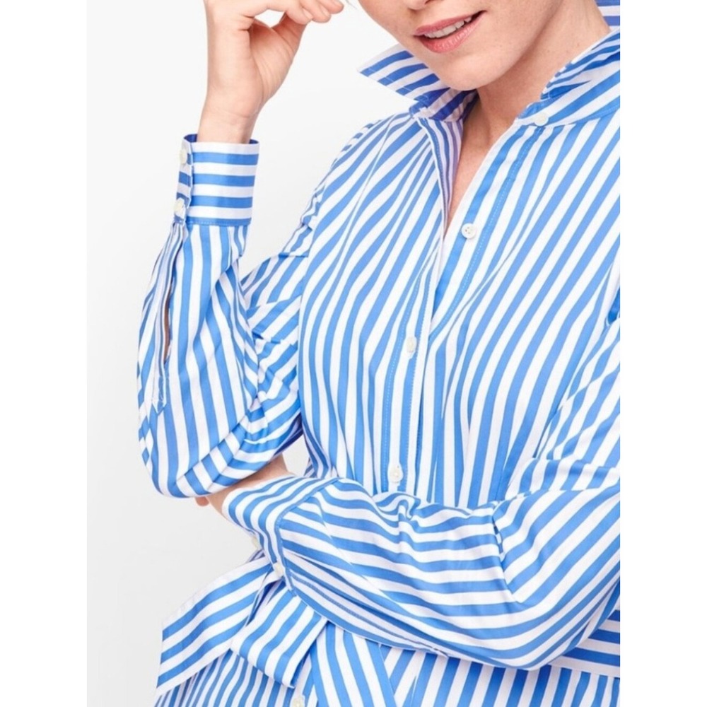 Talbots Blue White Striped Cotton Shirt Dress Pockets Tie Belted Size 8 Medium - Picture 2 of 8